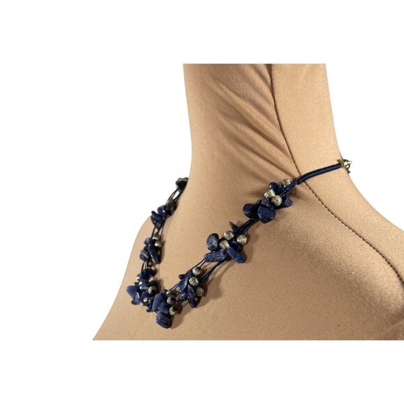 Avon Necklace Multistrand Blue Stone Chips Chunky Silver Beads Statement - Picture 3 of 4